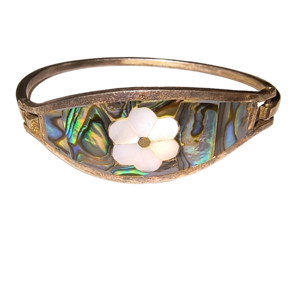 Vintage Mexico Alpaca Inlaid Abalone Shell Bracelet 6 1/2 Inches